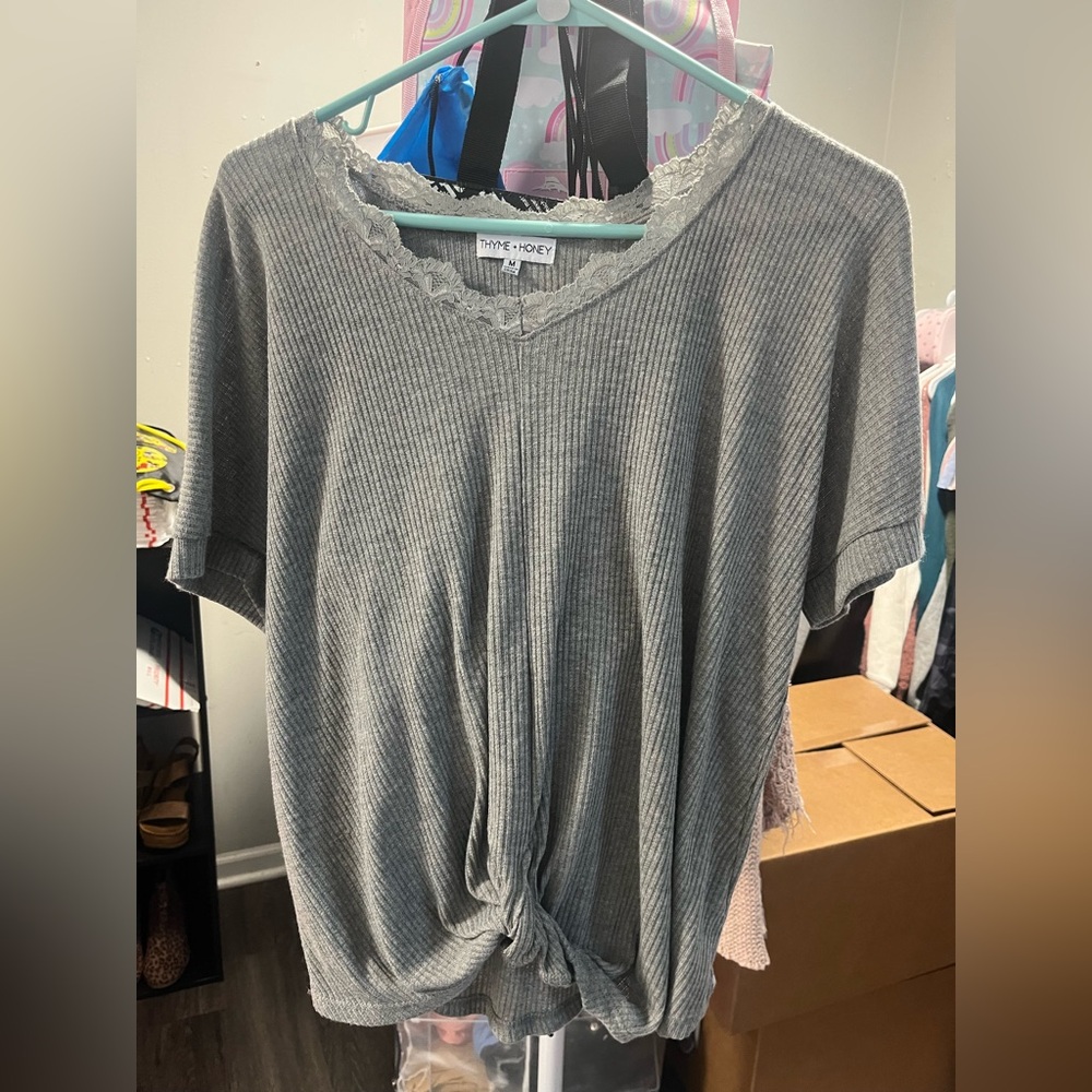 Gray Lace Trim Short Sleeve Top by Pink Rose